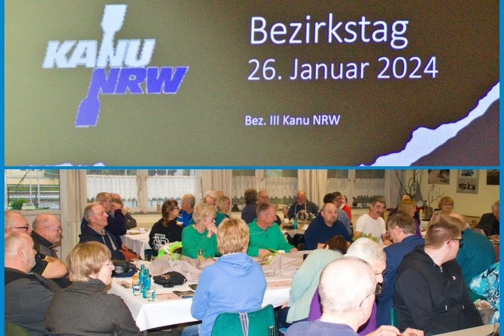 Besucher sitzen bei einem Treffen des Kanu Verbands NRW, an einer Präsentation mit dem Titel "Bezirks-tag 26. Januar 2024".