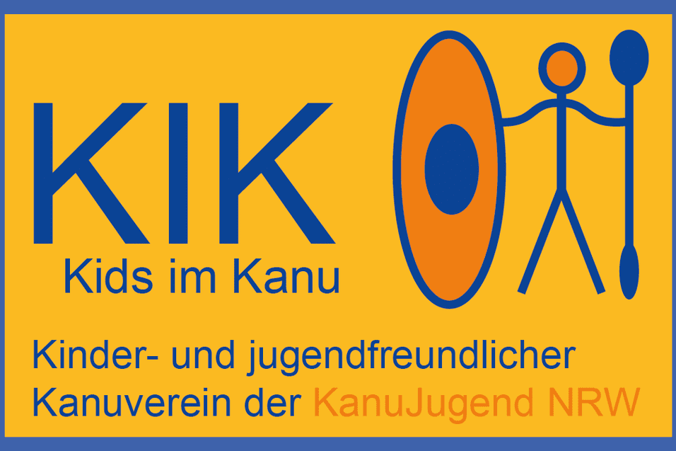 Logo des Vereins "Kids im Kanu" mit stilisierten Paddel und Kajak auf orangefarbenem Hintergrund.