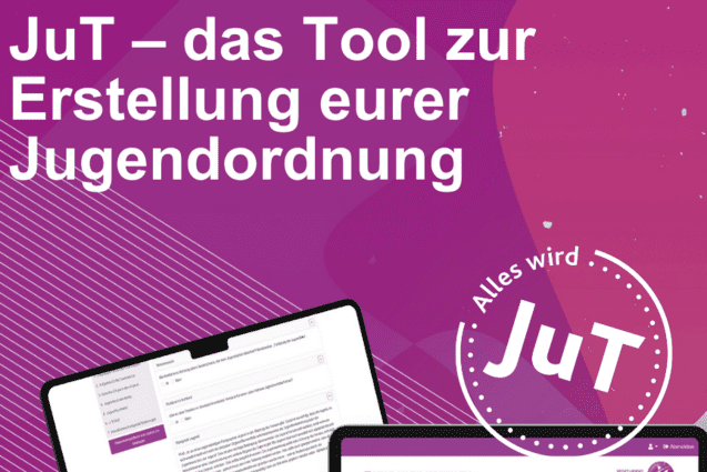 Zwei Laptops zeigen die Benutzeroberfläche des Tools JuT zur Erstellung von Jugendordnungen auf einem bunten Hintergrund.