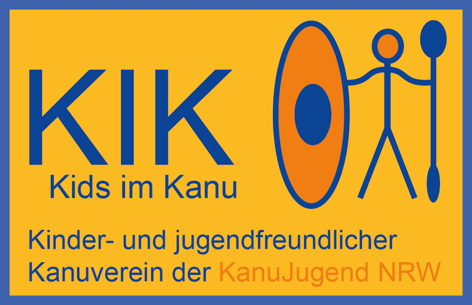 Logo des Vereins "Kids im Kanu" mit stilisierten Figuren, einem Kanu und Paddel auf gelbem Hintergrund.