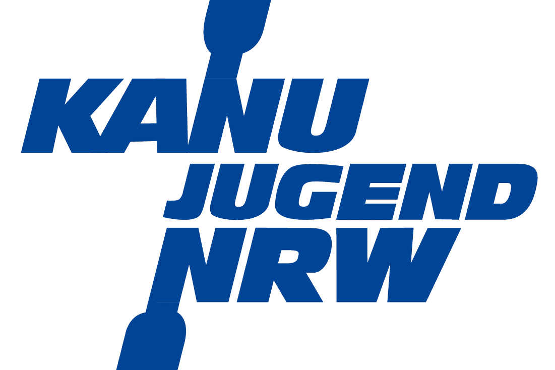 Logo von Kanu Jugend NRW in Blau, mit zwei Paddeln und Schriftzug.