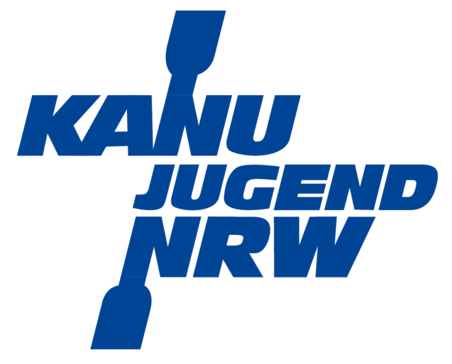 Logo von Kanu Jugend NRW in Blau, mit zwei Paddeln und Schriftzug.