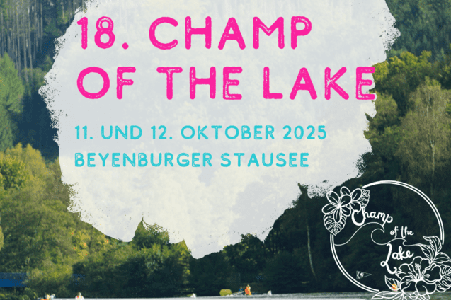 Ein Kajakfahrer auf einem See mit Wäldern im Hintergrund, Ankündigung des 18. Champ of the Lake Events.