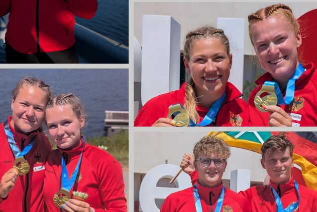 Gruppenaufnahme von Sportlern in roten Jacken, die Medaillen bei einem Wettkampf pr&auml;sentieren, vor unterschiedlichen Hintergr&uuml;nden.