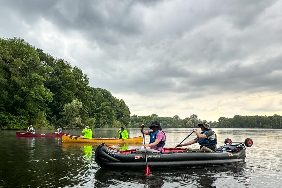 Vier Kanufahrer in verschiedenen Booten paddeln auf einem ruhigen Gewässer, umgeben von grünen Bäumen und grauem Himmel.