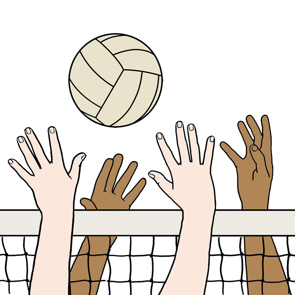Hände verschiedener Hauttöne strecken sich nach einem Volleyball über einem Netz.