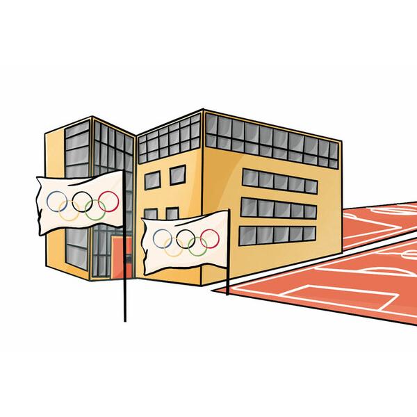 Illustration eines modernen Gebäudes mit Olympiagütesiegel und Sportplatz im Vordergrund.