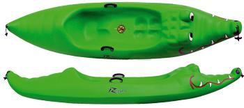 Grünes Kayak in Form eines Krokodils, Ansicht von oben und unten.