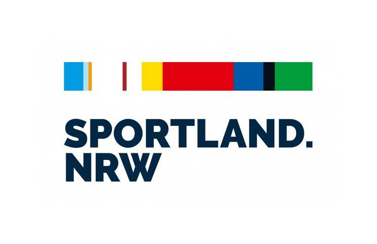 Logo von Sportland NRW mit bunten Balken in blau, rot, schwarz und grün sowie dem Schriftzug „SPORTLAND. NRW“.