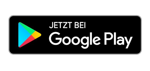 Schwarzes Logo mit dem Text "JETZT BEI Google Play" und einem farbigen Play-Symbol.