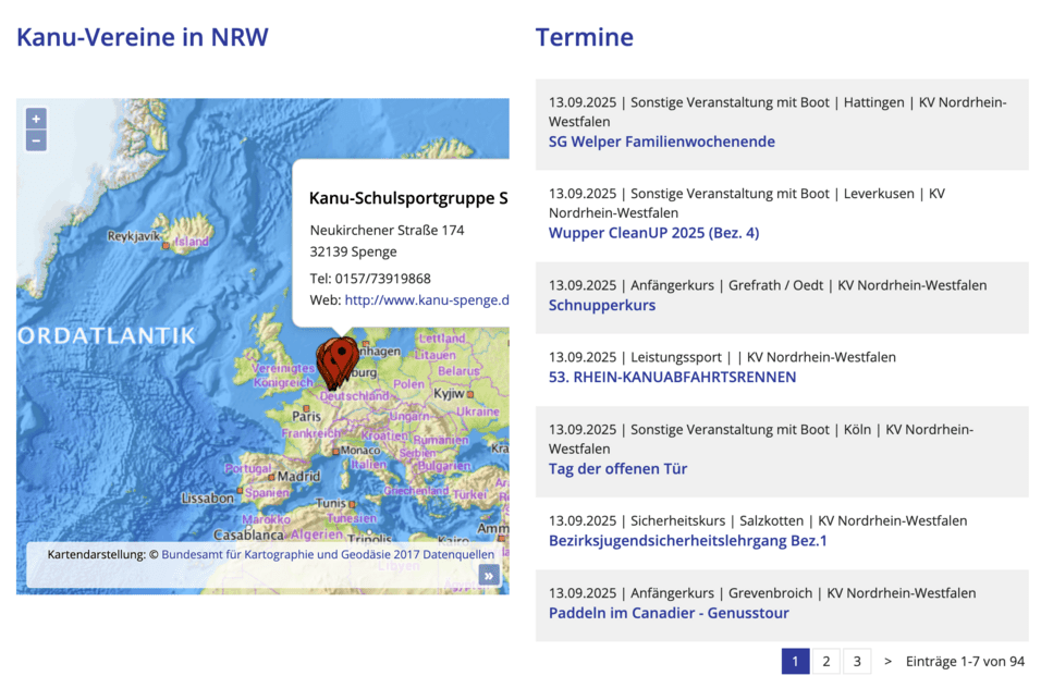Karte mit Kanu-Vereinen in Nordrhein-Westfalen und Terminen für Veranstaltungen und Kurse.