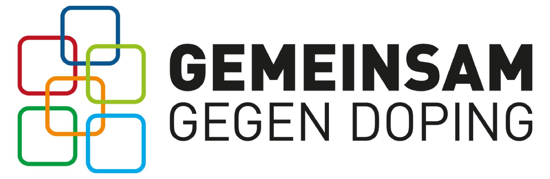 Logo mit bunten Quadraten und dem Schriftzug „Gemeinsam gegen Doping“. Design im modernen, grafischen Stil.